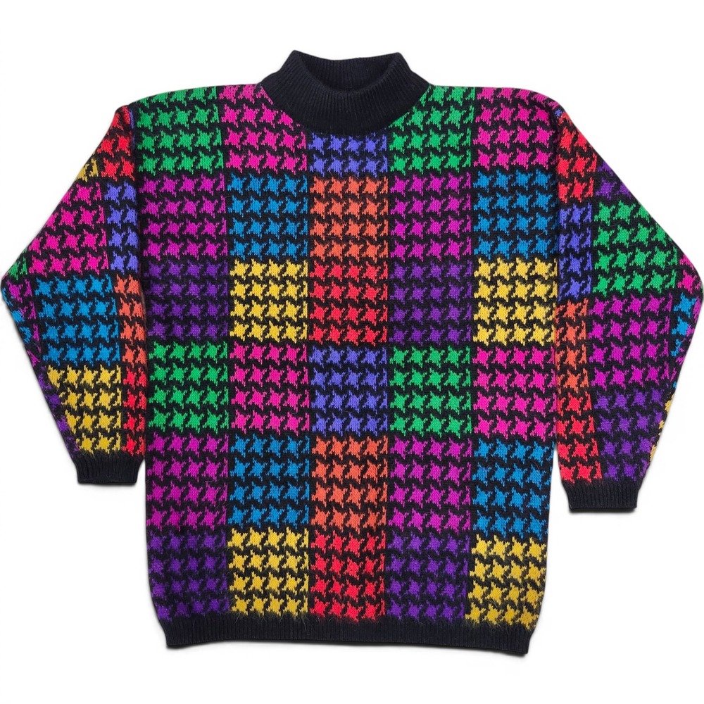 Vintage 80s Angora Wool Memphis Design Houndstooth Sweater Multicolor Small